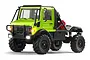 Green MN Model Unimog RC rock crawler truck featuring a black roll cage, large off-road tires, and lit headlights against a white background.
