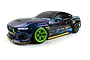 HPI Stage-D10 Ford Mustang GT RC drift car in 1/10 scale featuring vibrant blue and black livery with bright green wheels.