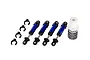 Four blue aluminium RC shock absorbers with black caps and springs spacers, plus a small bottle of silicone shock oil on a white background.