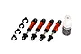 Traxxas aluminium GTM shocks in orange set of four with shock oil and mounting clips on a white background.