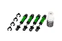 Four green aluminium GTM shock absorbers, four black preload spacers, and a bottle of silicone shock oil.