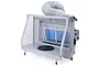 Hseng water curtain spray booth with flexible exhaust hose, blue filter panel, and a circular rotating work stand against a white background.