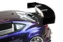 Close-up of a Pandora RC GT Wing Set mounted on the rear trunk of a metallic purple RC drift car body shell against a white background.