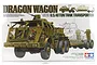 Tamiya 1/35 scale U.S. Dragon Wagon 40 Ton Tank Transporter plastic model kit box art showing the military vehicle with a tank on the trailer.