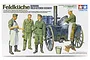 Tamiya 1/35 scale German Feldkuche Field Kitchen model kit box art featuring illustrations of soldiers and a field kitchen trailer.