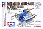 Product packaging for the Tamiya 12-Speed Mini Motor Multi-Ratio Gearbox, showing an illustration of the assembled gearbox and motor.