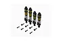 Set of four assembled gold and black Arrma RC shock absorbers with coil springs and mounting hardware on a white background.