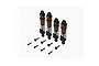 Arrma assembled shock set with orange and black dampers and mounting hardware on a white background.