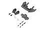 Axial front bumper set in gray with associated mounting hardware and small plastic parts laid out on a white background.