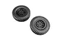 Two black Axial mounted tyres and wheels for an RC crawler, viewed from the front against a clean white background.