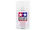A 100ml can of Tamiya TS-79 Semi Gloss Clear lacquer spray paint with a white label and the Tamiya logo on a white background.