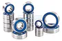 A collection of various sized metal ball bearings with blue rubber seals arranged in stacks on a white background.