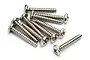A group of silver-coloured metal binder head screws with coarse threads, arranged on a white background.