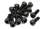 A pile of ten black metal cap head screws with hexagonal sockets, arranged on a white background.