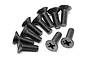 A group of ten black metal countersunk head screws with Phillips drive heads arranged on a white background.