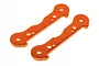 Two orange anodized metal suspension arm pin braces for HPI Savage RC cars, shown against a white background.