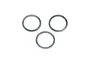 Three thin, circular metal shims arranged in a triangle formation against a plain white background.