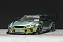 A painted Pandora RC Nissan R35 GT-R drift body shell with a metallic green and yellow shift finish, mounted on a chassis.
