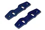 Two blue anodized aluminium engine mounting plates for RC cars, featuring two circular holes and two elongated slots each.