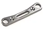 A gunmetal grey aluminium suspension arm pin mount for an RC car, featuring a curved design with two mounting holes and a central slot.