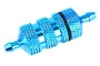 A blue anodized aluminium RC fuel filter with a knurled texture and a black rubber O-ring seal.