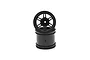 Two black plastic RC monster truck rims stacked vertically on a clean white background.