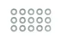 Fifteen flat steel washers arranged in three rows of five against a plain white background.