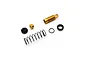 Kyosho rear adjustable shock absorber parts laid out flat on a clean white background, including a gold shock body, spring, and hardware.