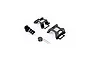 Studio product view of black plastic drone frame parts, mount components, and a buzzer with wires on a white background.