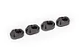 Four grey aluminium suspension pin retainers laid out in a row against a clean white background.