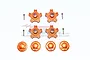 GPM orange anodized aluminium clawed wheel hexes, pins, and wheel nuts laid out on a white background with a faint watermark.