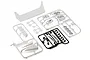 Killerbody 1/10 Lancia Rally 037 accessories set showing unpainted plastic parts trees, chrome buckets, and a rear wing on a white background.