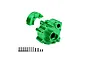 GPM aluminium centre gearbox case in green with mounting hardware set on a white background