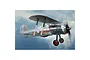 Artwork of a Gloster Gladiator MK1 fighter biplane flying in flight against a cloudy sky background.