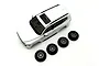 Kyosho Mini-Z Toyota Land Cruiser 300 white painted body shell viewed from above alongside four matching tires and wheels on a plain white background.