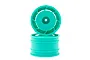 Two peppermint green RC buggy rear rims stacked against a clean white background in a studio shot.
