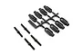 Kyosho adjustable upper arm set including black plastic suspension rod ends on a parts tree and four threaded metal turnbuckle rods on a white background.