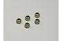 Five small silver metal pivot balls arranged on a plain white background.