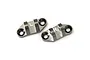 Kyosho gunmetal aluminium front upper pivot mounts, two pieces labeled L and R against a plain white background.