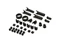 Kyosho axle parts set including black plastic drive shafts, universal joints, ball ends, and collars arranged on a white background.