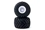 Kyosho 2.3 inch monster truck V-shaped black rubber tyres mounted on white rims, set of two against a plain white background.