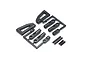 Kyosho upper suspension arm set featuring black plastic parts on trees and small threaded grub screws on a white background.