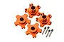 GPM orange anodized aluminium clawed wheel hex adapters with offset and mounting pins against a white background.