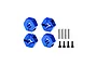 Four blue anodized aluminium clamping wheel hexes displayed with four metal pins and four socket head screws on a white background.
