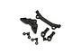 Kyosho black plastic RC parts set including mount brackets and small linkages on a plain white background.