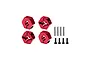 GPM Aluminium 12mm Clamping Wheel Hexes in red, with four wheel hexes, four pins, and four socket screws on a white background.