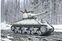 Artwork of an Italeri 1/35 scale Sherman tank in a snowy winter forest setting with a commander figure.