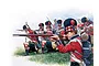 Detailed box art painting of 1/72 scale Highlander infantry figures in red coats and kilts holding muskets in a grassy field.