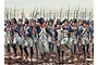 Artwork depicting a regiment of French infantry soldiers in historical uniform during the Napoleonic Wars, marching forward with muskets and a drum.