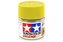 A small glass jar of Tamiya XF-4 Yellow Green flat acrylic paint with a yellow ribbed plastic cap, isolated on a white background.